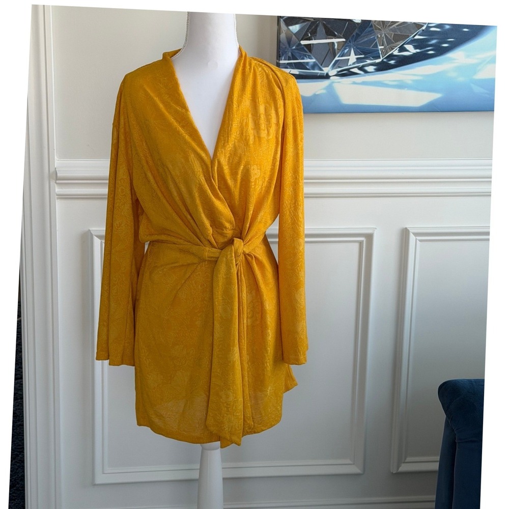Zara Yellow Floral Jacquard Kimono Mini Dress Long Sleeve Size S